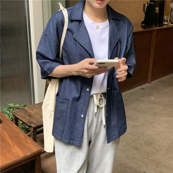 

loose casual notched all match pocket fashion women basic all match summer fashion women demin shirts outewear 210522, White