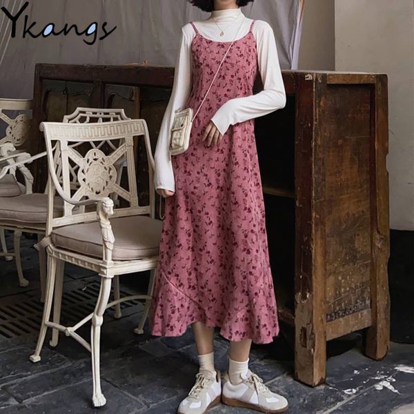 

autumn women printed v-neck dress lady elegant corduroy france long dress female spaghetti strap spring vestidos students 210412, Black;gray