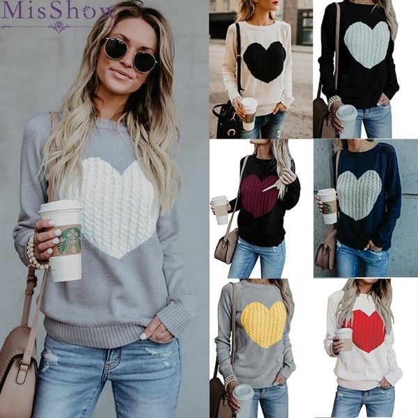 

women's sweaters heart print fashion casual women warm basic sweater 2021 autumn winter o-neck long sleeves cotton knitted femme pullov, White;black