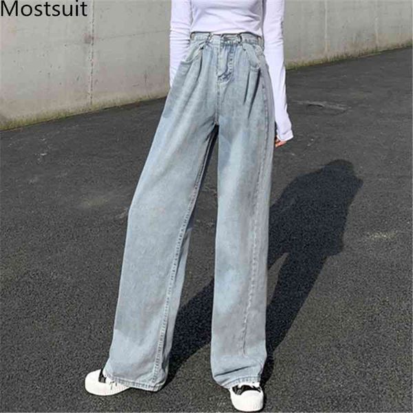 

blue women high waist wide leg denim pants jeans special buttons fly korean fashion casual female long capris 210518