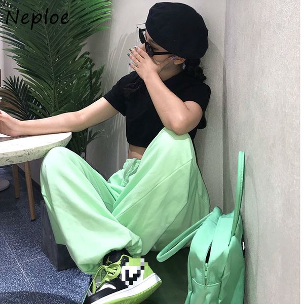

neploe candy color loose wide leg pants women autumn drawstring stretch waist casual pants double pockets straight pants 210423, Black;white