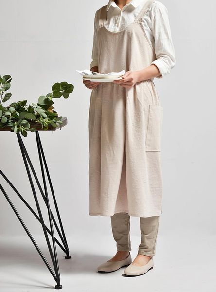 

aprons practical simple style women cotton linen bib apron solid color sleeveless housework baking wrap with pocket kitchen tools
