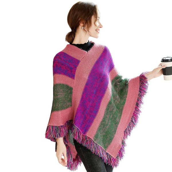 

scarves women ethnic knitted pashmina poncho cape color block striped tassels pullover sweater v-neck winter warm shawl wrap top, Blue;gray