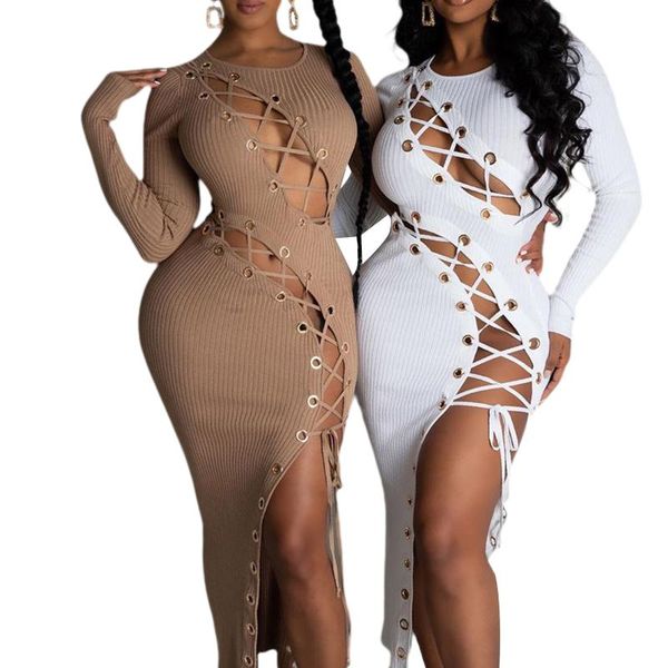 

casual dresses ladies hollow out bandage slim fit split dress women long sleeve crew neck lace up bodycon club party knitted midi, Black;gray