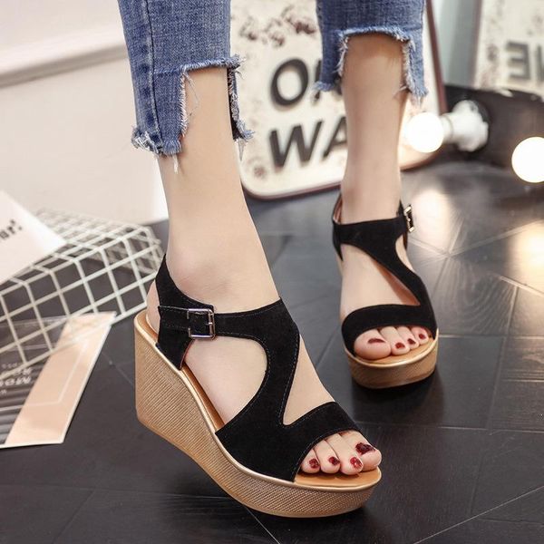 

ankle strap front rear summer wedges heels sandals high solid women shoes fashion concise platform, Black