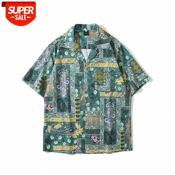 

west coast retro cashew flower full print short-sleeved shirt male loose hip-hop casual cec five-point sleeve #8d5e, White;black