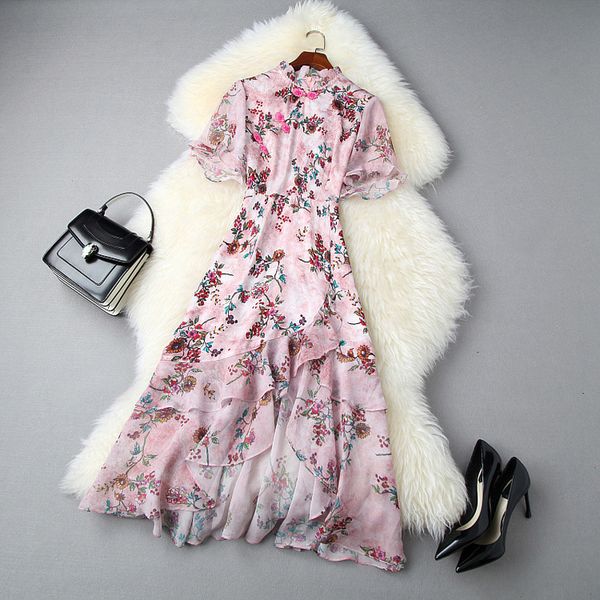 

casual dresses summer short sleeve stand collar pink floral print buttons ruffle mid-calf dress elegant cheongsam style lj22t10999 5i9o, Black;gray