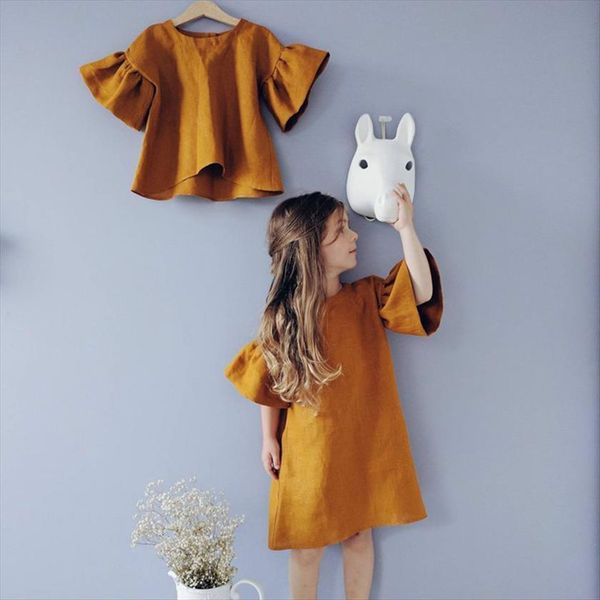 

cotton and linen girl dress princess solid color flare sleeves children comfortable wt61, Red;yellow