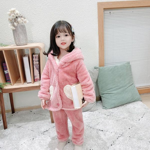 

pajamas girls sets children warm flannel fleece cartoon kids sleepwear winter boys home suit nightwear, Blue;red