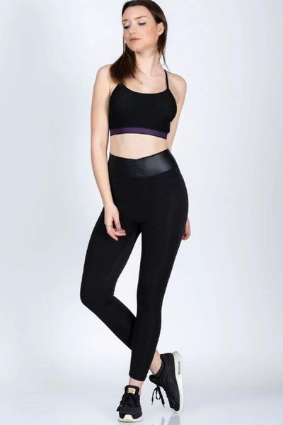 

women's leggings high waist shiny leather detail, Black