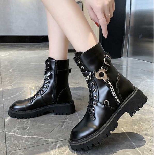 

boots women's shoes women ankle punk style platform gothic winter lace-up booties chunky heel chain 2021femmes bottes, Black
