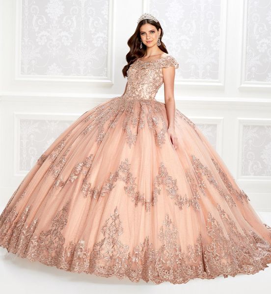 Rose Gold Quinceanera Kleider Pailletten Applikationen Lace Up Ballkleid Prom Kleider Korsett Zurück Vestido De Festa Sweet 16 Kleid