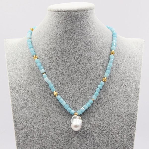 

chains guaiguai jewelry natural faceted aquamarines gems necklace freshwater cultured white baroque pearl pendant cute for women, Silver