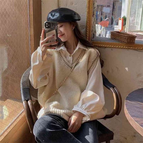 

women spring and autumn sleeveless vest female fashion knitted sweater v neck cotton casual striped girl 210427, White;black