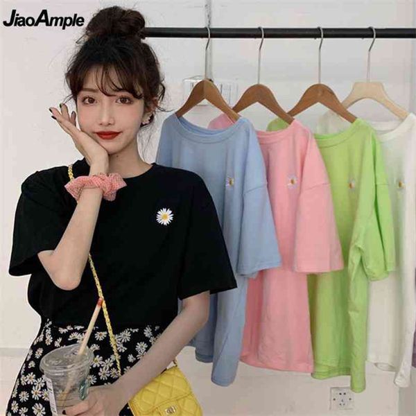 

daisy embroidery short sleeve t-shirt for women korean sweet girls flower loose leisure ins fashion simple joker clothings 210708, White