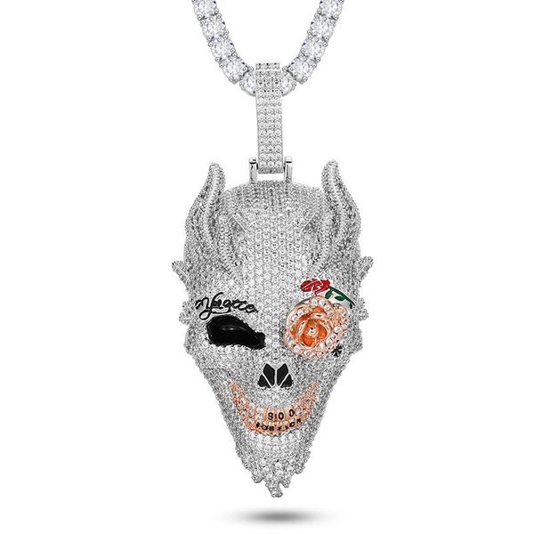 

pendant necklaces hip hop claw setting 5a+ cz stone bling iced out cool rose flower dragon skull pendants for men rapper jewelry, Silver