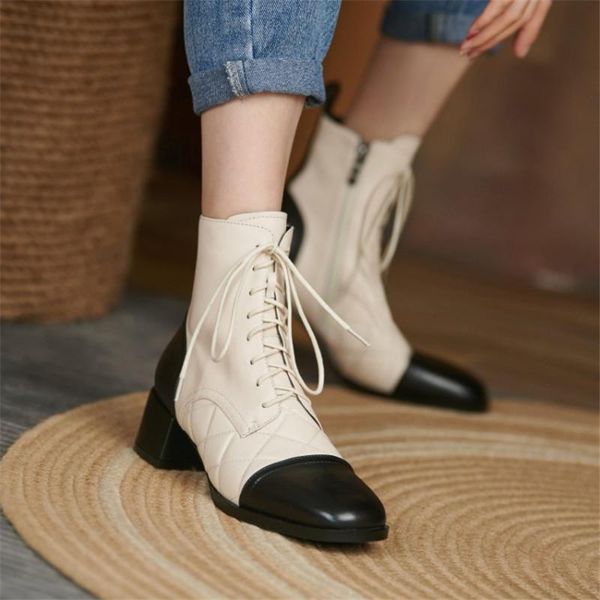 

boots pxelena 2021 contrast color real genuine leather women plus size 34-42 med heels fall winter shoes lace up date, Black