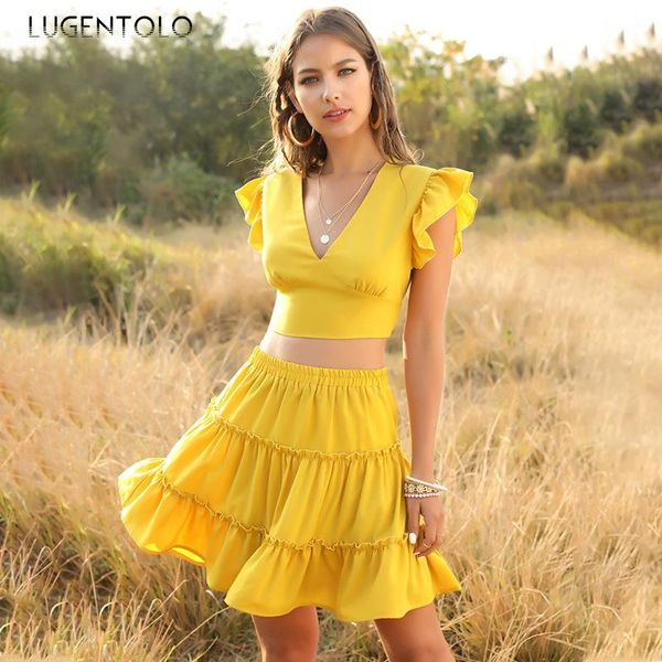 

casual dresses 2 piece set dress women summer solid sleeveless v-neck slim fashion ruffles a-line womens lugentolo, Black;gray