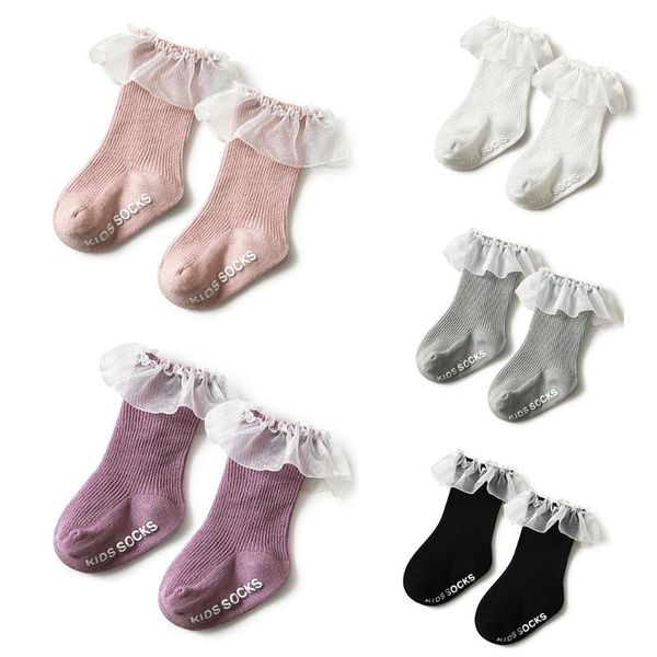 

socks d0 toddler baby girls frilly lace cotton ribbed princess non-slip stockings, Pink;yellow