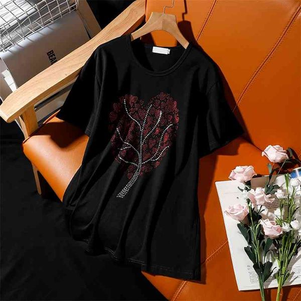 

loose plus size black t-shirt women summer new drill wild fashion diamond print leaf pattern short-sleeve tees 210401, White