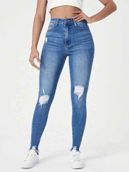 

high stretch ripped skinny jeans 22rc#, Blue