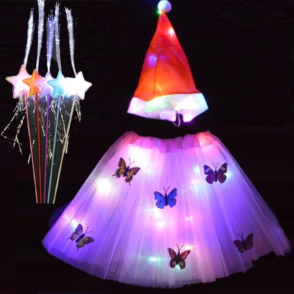 Decorazione per feste Neonata Donna Led Illuminato Anno Carnevale Natale Costume da vacanza Abbigliamento Costume in tulle Cappello Bacchetta magica Ghirlanda