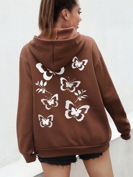 

butterfly print drop shoulder drawstring thermal lined hoodie 84mu#, White;black