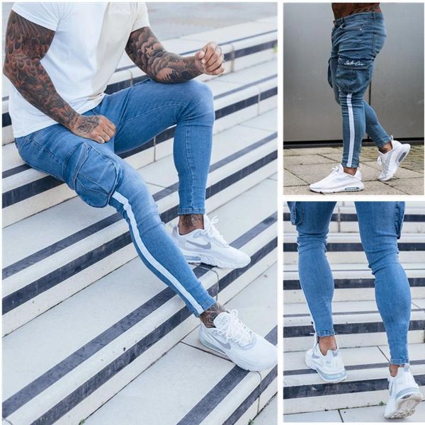 

men's jeans side pockets embroidery denim trouser fashion slim fit men the stripe four seasons punk style, Blue