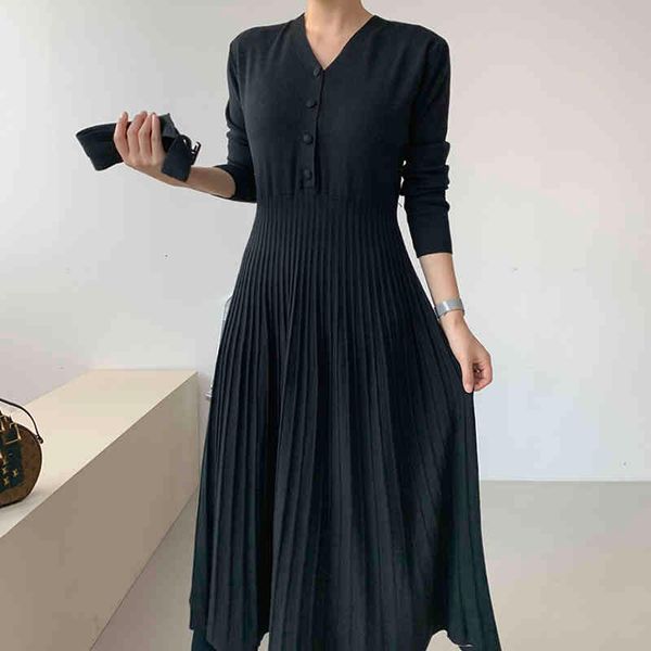 

casual dresses onalippa women dress autumn korean chic elegant temperament v-neck lace-up waist slimming design pleated knitted vestidos qlh, Black;gray