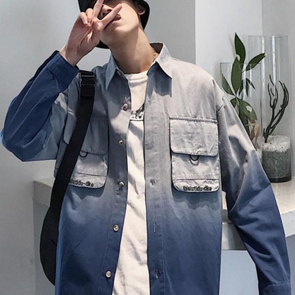 

long sleeve shirts autumn casual men fashion gradient shirt streetwear loose winter cotton pocket cargo male men's, White;black