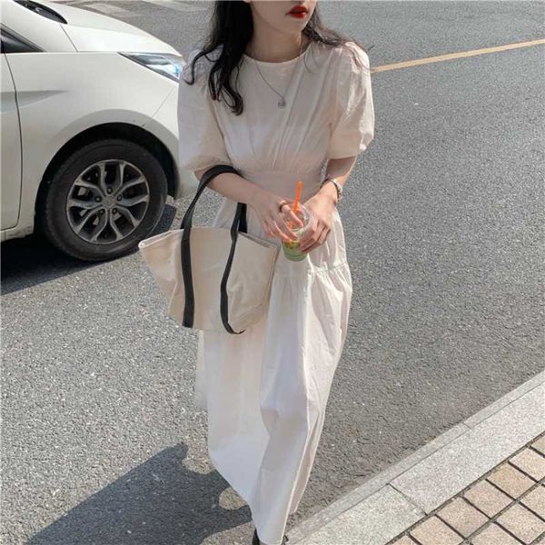 

6 color o neck puff sleeve white dress women loose sweet solid chic korean fashion temperament summer clothing casual vestido 210610, Black;gray