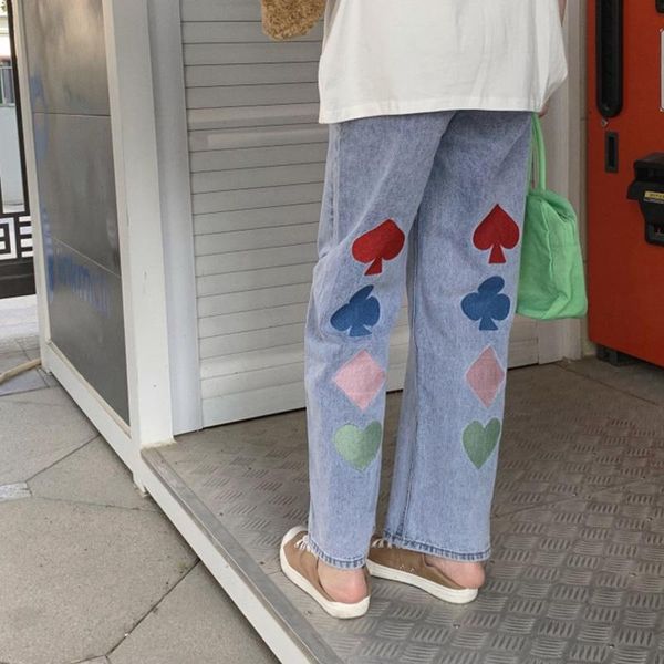 

women's jeans 2021 summer retro women y2k love embroidery denim straight leg pants female high waist hip hop wide trousers tide, Blue