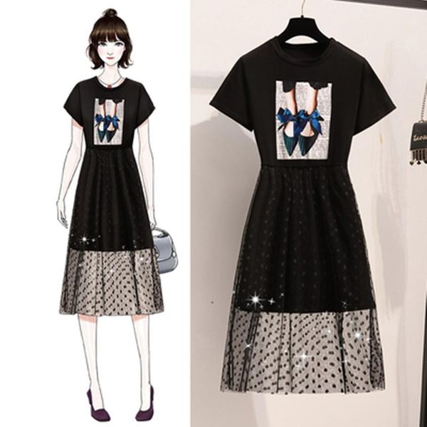 

casual dresses plus size 5xl women's t-shirt 2021 fashion streetwear appliques bow print mesh patchwork short sleeve, Black;gray