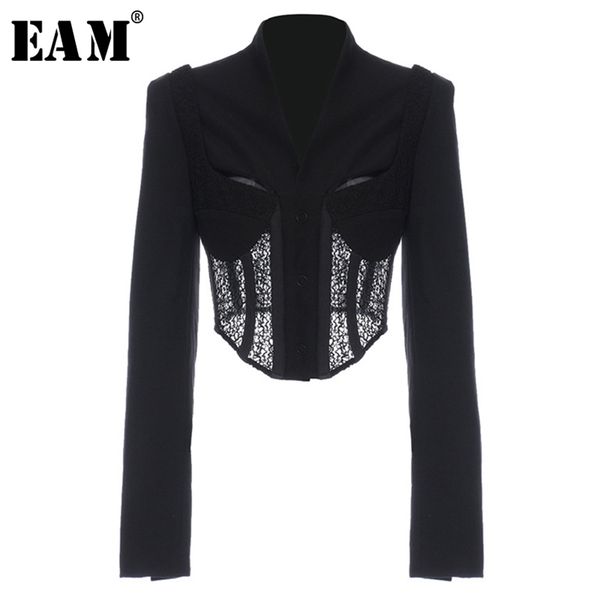 

[eam] women black lace irregular short blazer lapel long sleeve loose fit jacket fashion spring autumn 1y566 211122, White;black