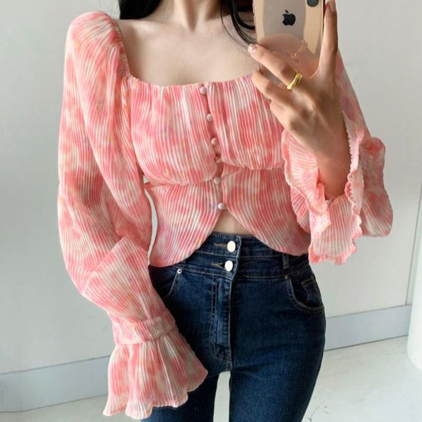 

women's blouses & shirts pinkou women fashion print pink blouse v neck square collar long flare sleeve short style shirt autumn sweet c, White