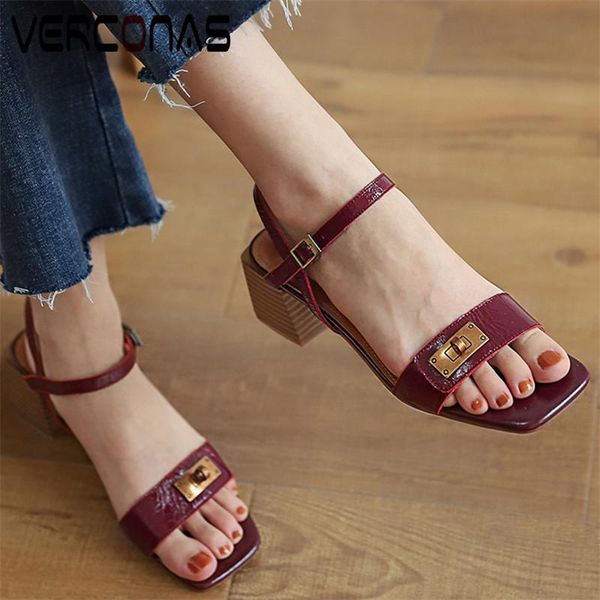 

dress shoes verconas women vintage thick heel square toe buckle comfortable office genuine leather sandals heels woman, Black