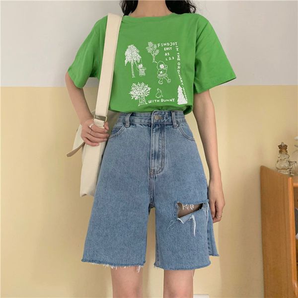 

women's shorts streetwear high waist denim bermuda for women summer korean style hole fashion wide leg loose jean okoh, White;black
