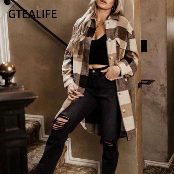 

women's jackets gtealife vintage plaid long-line women shirt jacket autumn winter y2k clothes single-breasted casual loose shacket oute, Black;brown