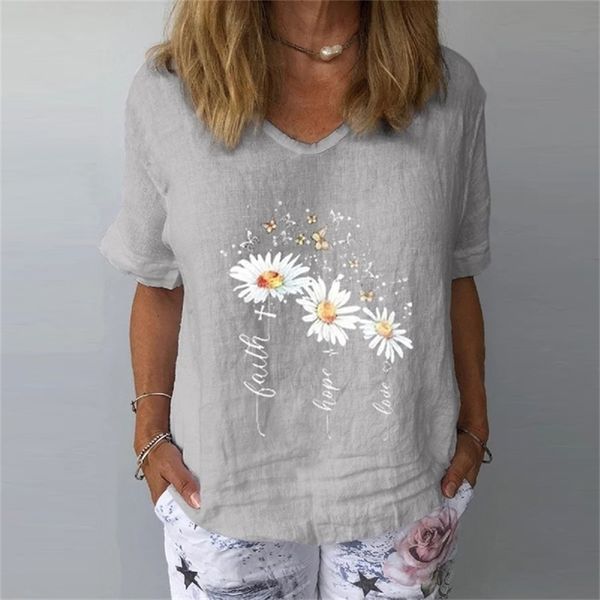 

new summer women's t-shirts short sleeve tshirt floral printed v-neck women shirt female t-shirt casual woman tee female 210330, White