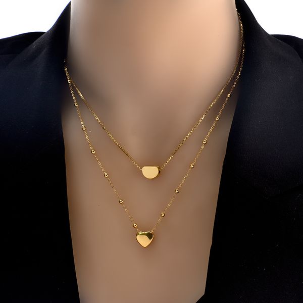

high polished trendy design women heart love pendant necklace double layer stainless steel gold color fashion jewelry color-resistant neckla, Silver
