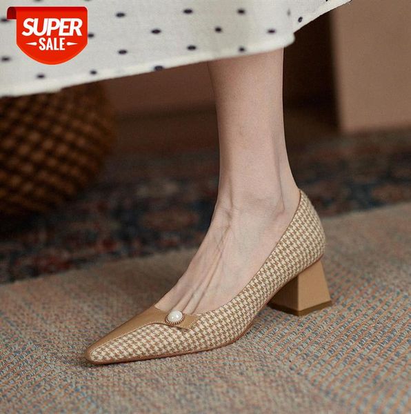 

small fragrance single shoes women fashion color matching pearl shallow mouth high heels thick heel retro women's #4u22, Black