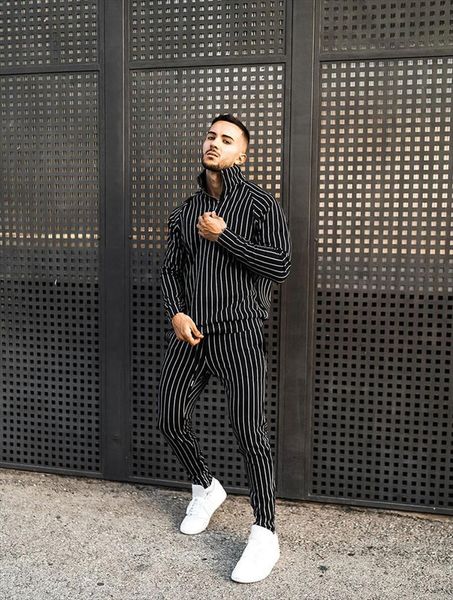 

sets casual stripe sport suits men tracksuits fitness zipper clothing sweatpants slim fashion european trendstracksuits set, Gray