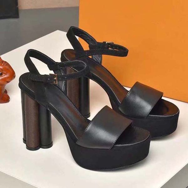 

classic slides sandals lady summer metal buckle large size leather high heeled women slippers 35-41 with box shoe10 6-18, Black