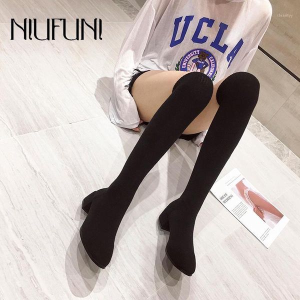 

boots solid color elastic fabric women's warm socks over the knee slim low heel gray black boot spring autumn ladies shoes1