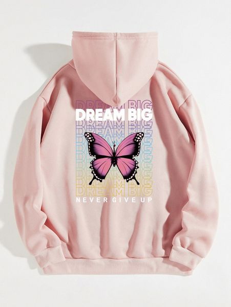 

slogan & butterfly print drawstring thermal lined hoodie r6w3#, White;black