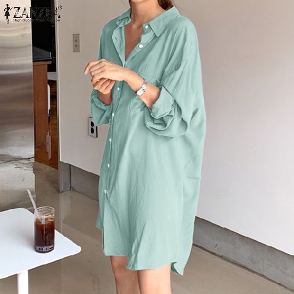 

casual dresses plus size women solid shirt dress zanzea stylish spring sundress long sleeve mini vestidos female button lapel robe 5xl 7 nts, Black;gray