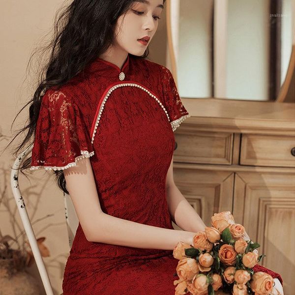 

ethnic clothing burgundy bride wedding gown elegant lace classic qipao women traditional mandarin collar cheongsams slim split chinese dress, Red