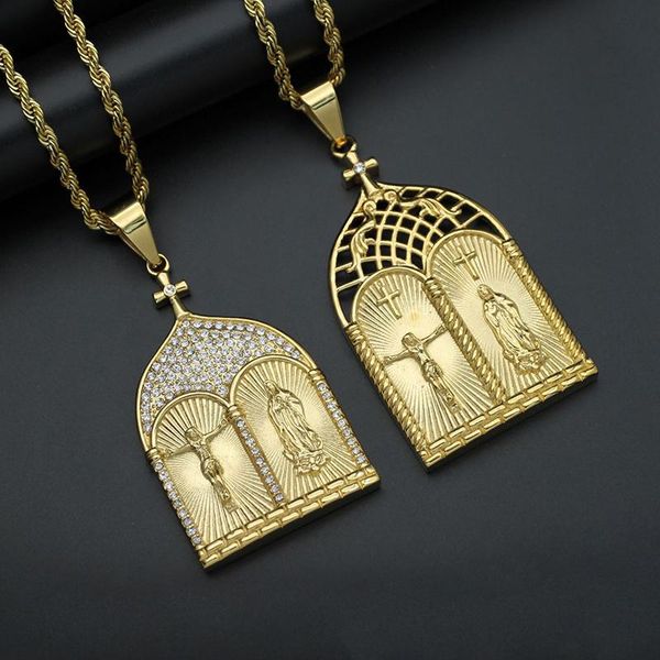 

pendant necklaces hip hop bling iced out rhinestones stainless steel church virgin mary jesus necklace for men rapper jewelry, Silver