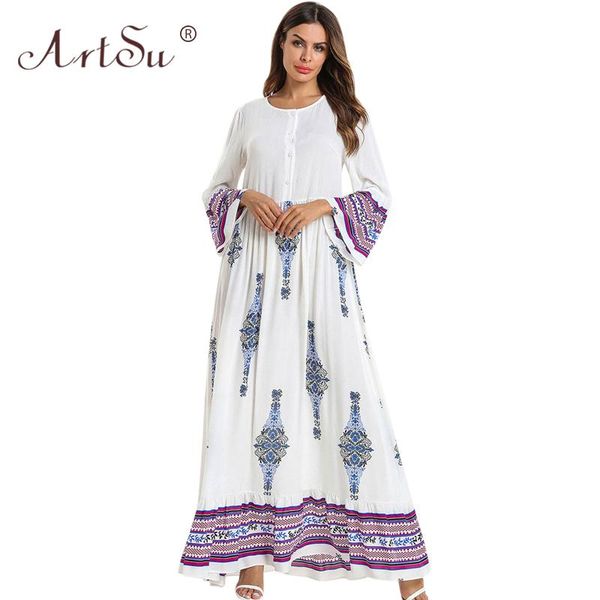 

casual dresses women flare sleeve retro ethnic floral printed white dress button up 4xl plus size swing vestidos turkey maxi, Black;gray