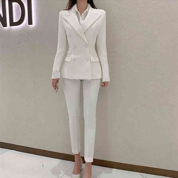 

women pant suits casual autumn blazer jacket and wide leg pants 2 piece set office female suit 210525, White